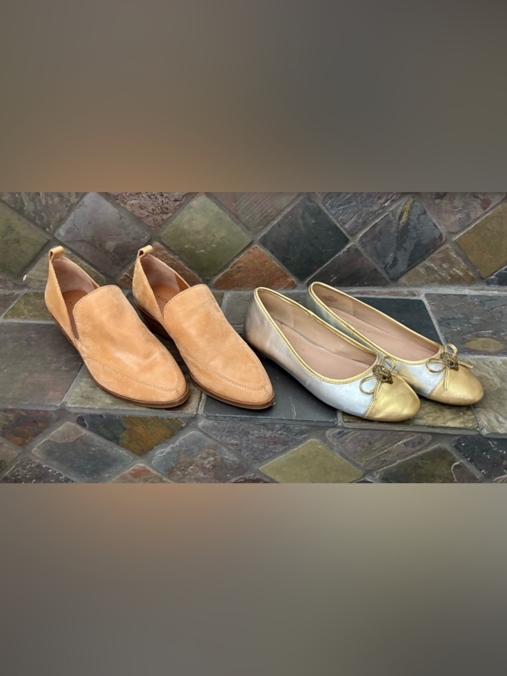 Kurt Geiger Metallic Silver & Gold Logo Ballet Flats | Lucky Tan Leather Loafers